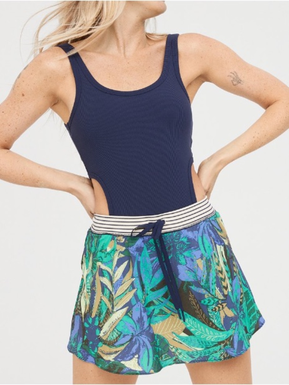 Aerie Navy Ribbed Tank with Green Tropical romper